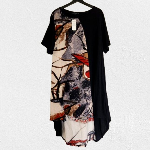 Zanzea Collection Plus Size Maxi Dress, High Low Hem, Short Sleeve, Black Print - Picture 3 of 11